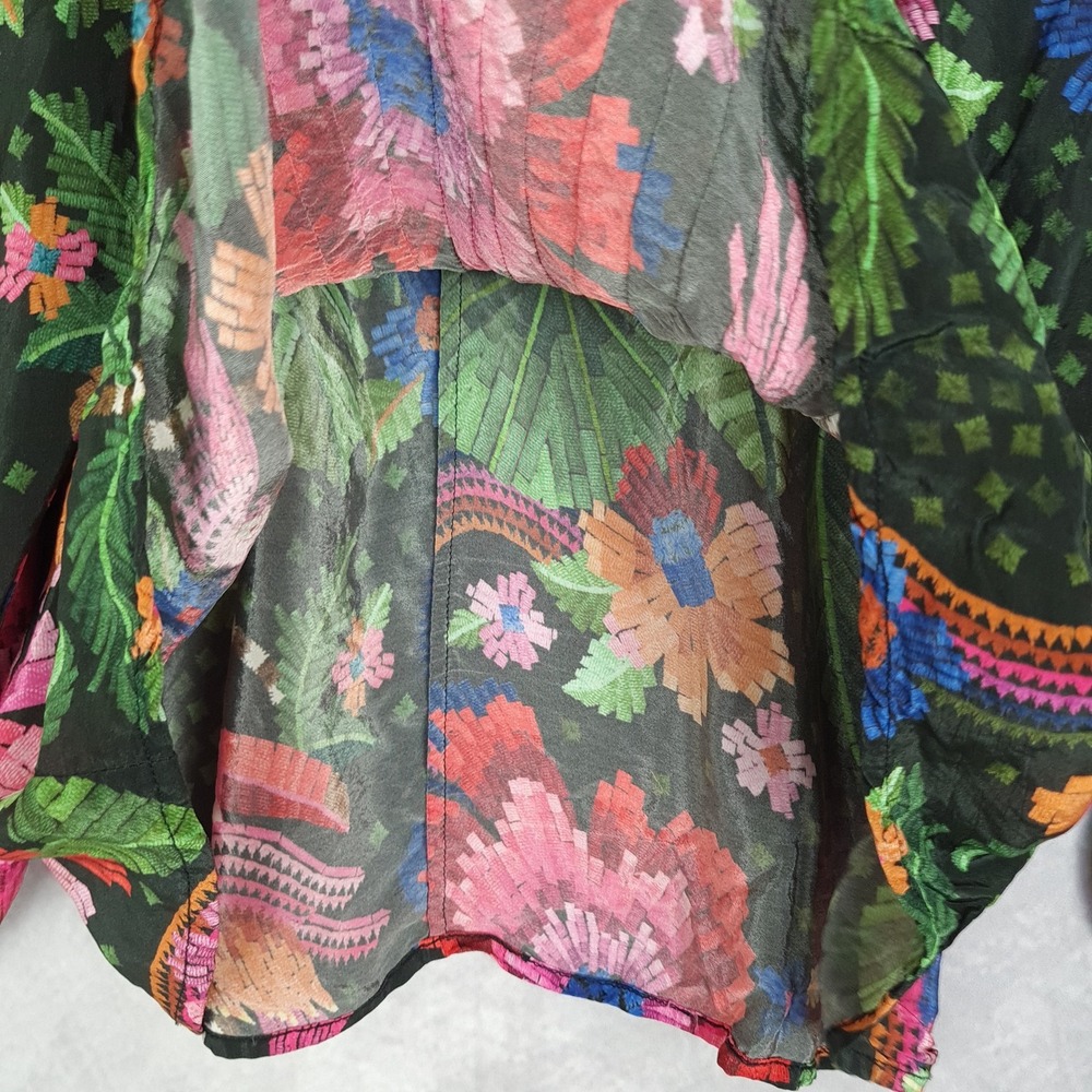 Farm Rio Blouse Womens Medium Black Multicolor Lace Floral Parrot Boho Top - Picture 9 of 16